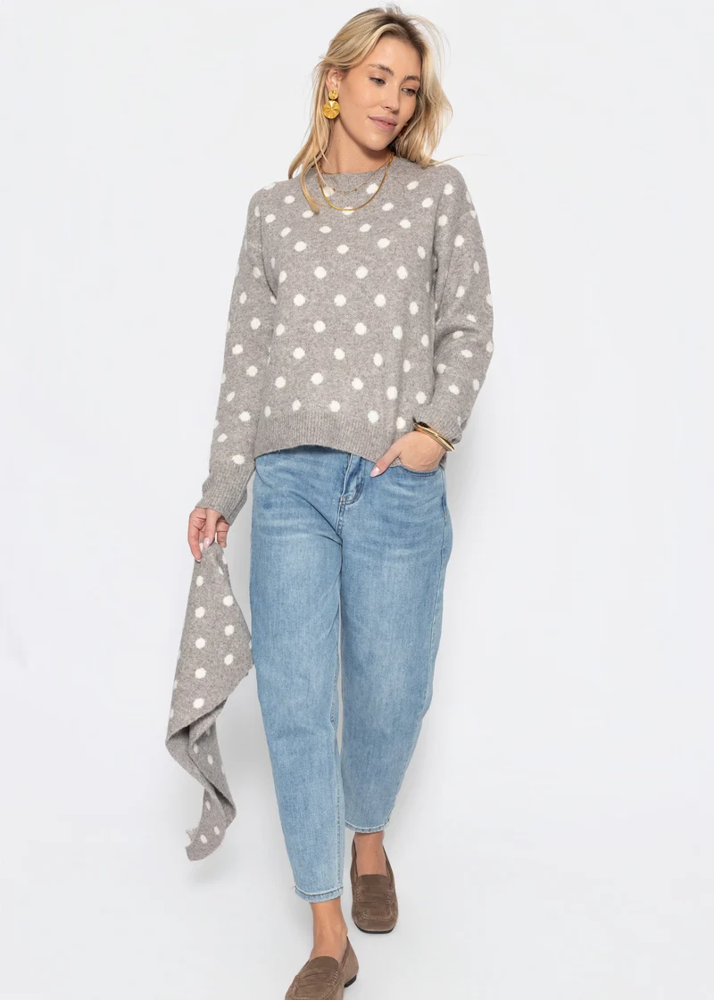 Gepunkteter Pullover mit Schal - taupe