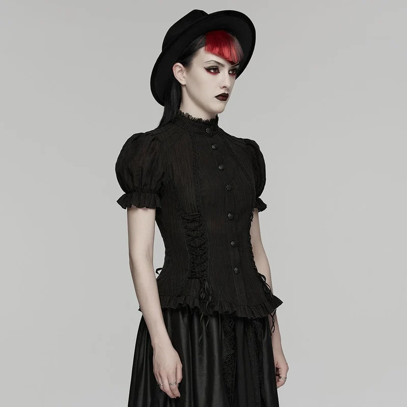Schwarzes Gothic-Hemd für Damen mit Schnürung, Puffärmeln und kurzen Ärmeln