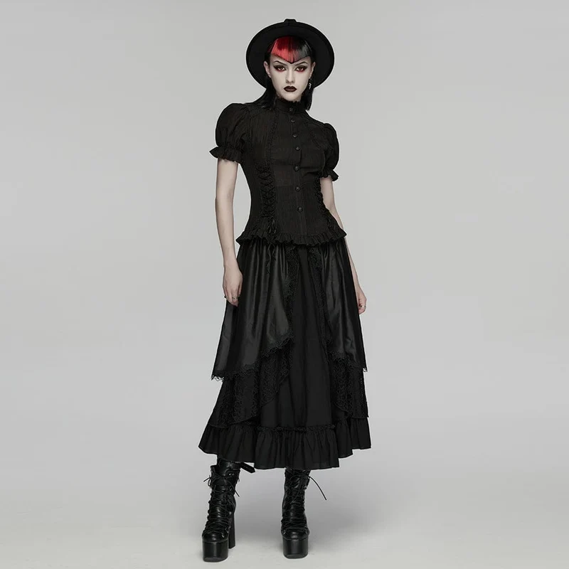 Schwarzes Gothic-Hemd für Damen mit Schnürung, Puffärmeln und kurzen Ärmeln
