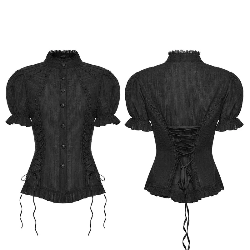Schwarzes Gothic-Hemd für Damen mit Schnürung, Puffärmeln und kurzen Ärmeln