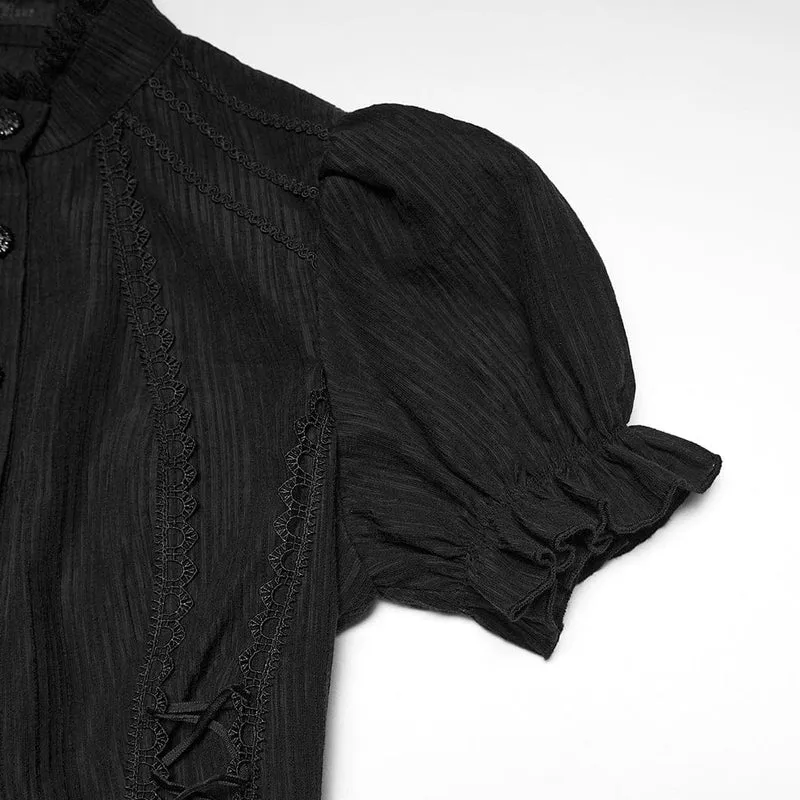 Schwarzes Gothic-Hemd für Damen mit Schnürung, Puffärmeln und kurzen Ärmeln