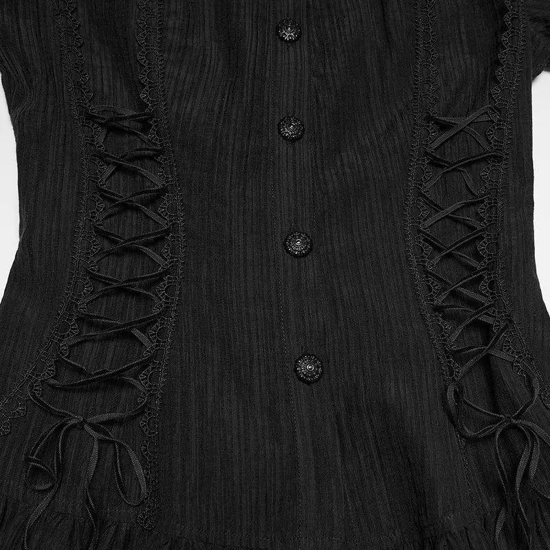 Schwarzes Gothic-Hemd für Damen mit Schnürung, Puffärmeln und kurzen Ärmeln