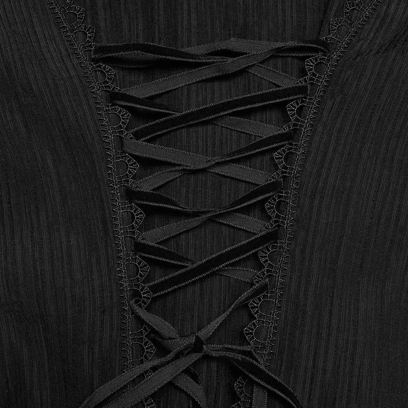 Schwarzes Gothic-Hemd für Damen mit Schnürung, Puffärmeln und kurzen Ärmeln