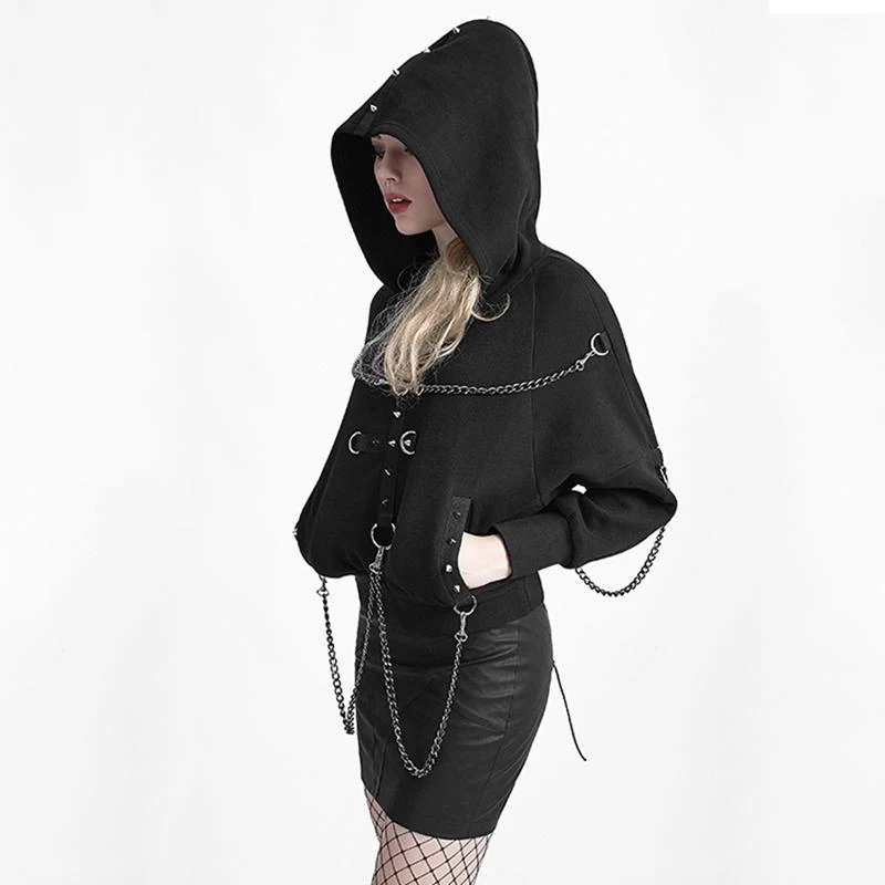 Damen-Kapuzenpullover mit Punk-Kreuz- und Kettenmotiv, Schwarz
