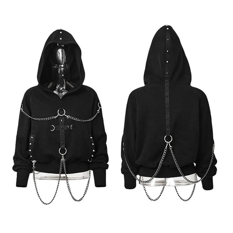 Damen-Kapuzenpullover mit Punk-Kreuz- und Kettenmotiv, Schwarz
