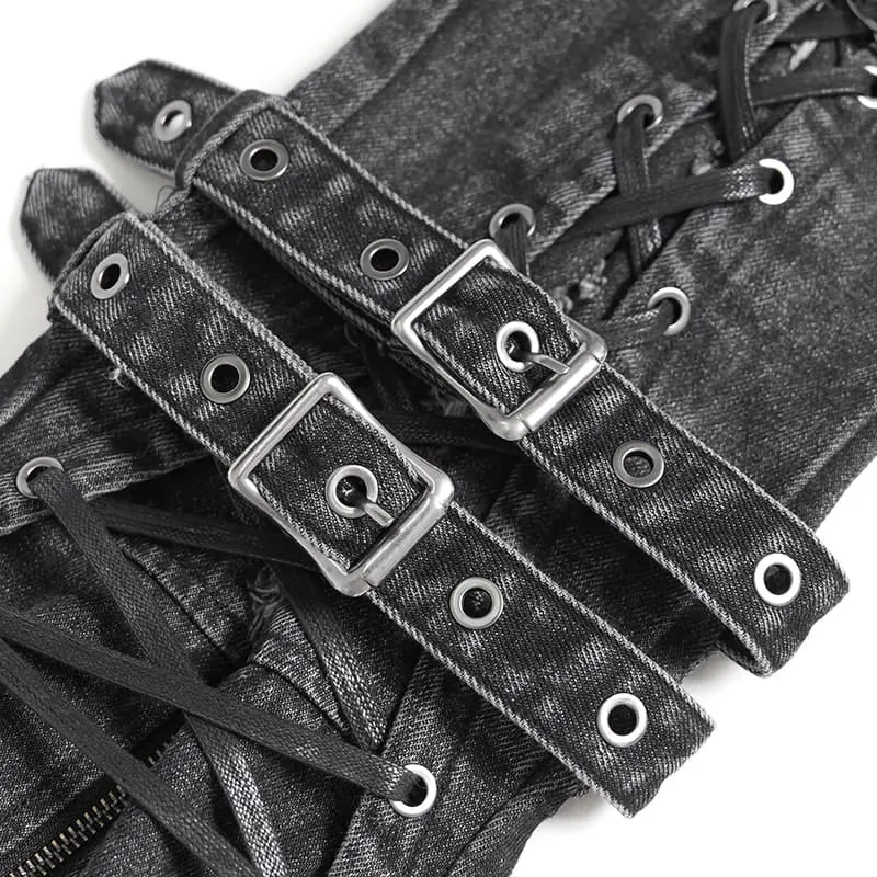 Punk-Beinwärmer für Damen mit ausgefransten Kanten und ausgestelltem Bein