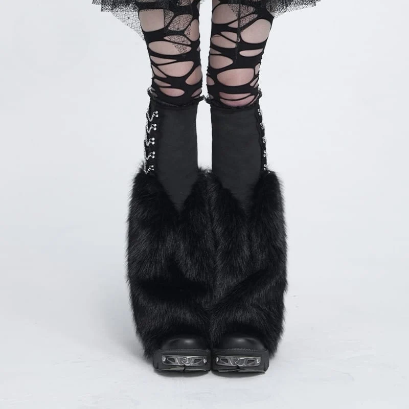 Schwarze Gothic-Beinstulpen mit Plüschketten für Damen