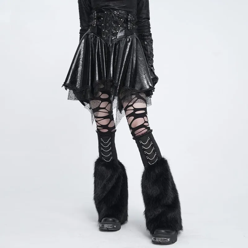 Schwarze Gothic-Beinstulpen mit Plüschketten für Damen
