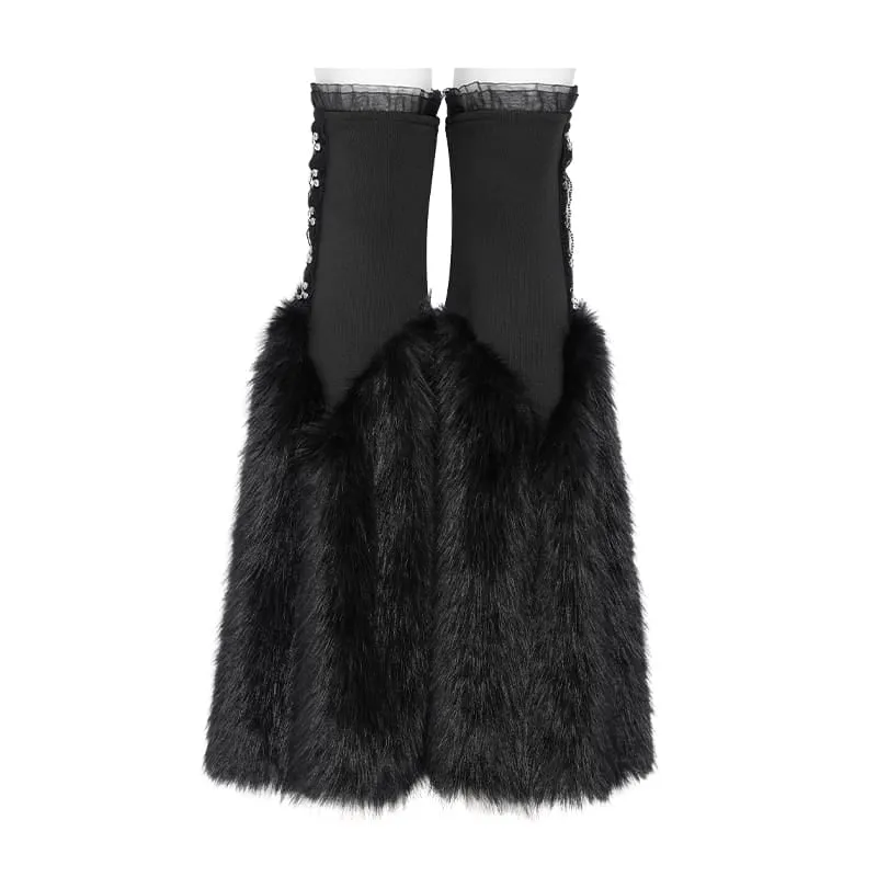 Schwarze Gothic-Beinstulpen mit Plüschketten für Damen