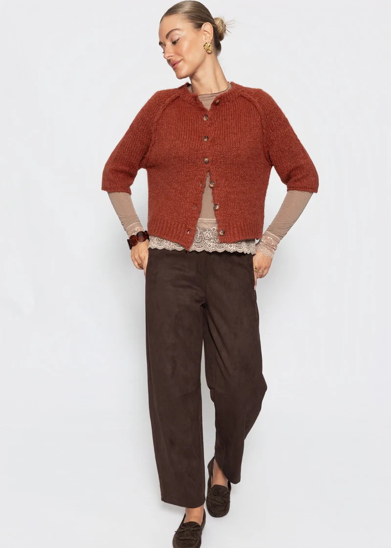 Langarmshirt mit Spitzenborte und Kaschmiranteil - taupe