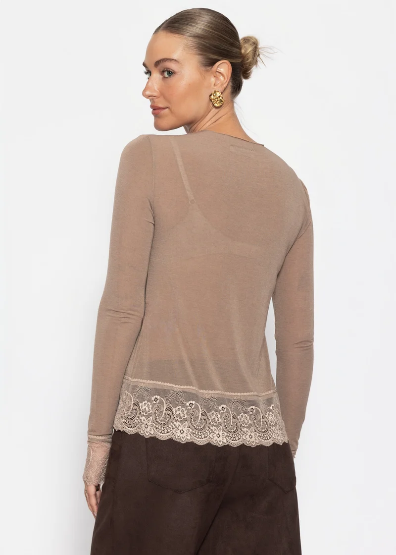 Langarmshirt mit Spitzenborte und Kaschmiranteil - taupe