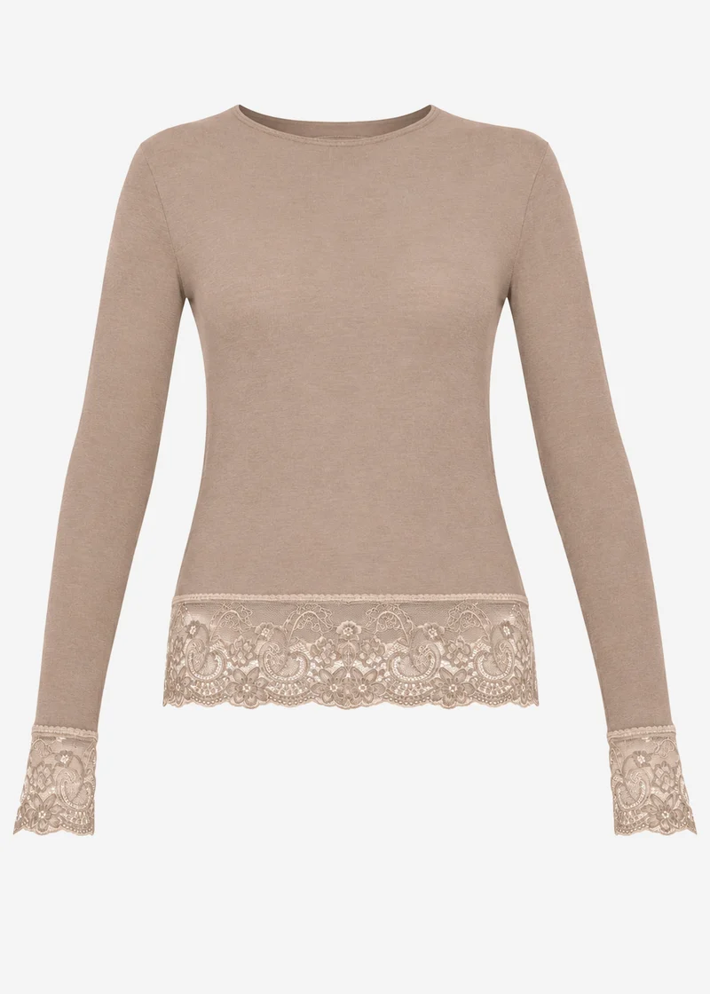 Langarmshirt mit Spitzenborte und Kaschmiranteil - taupe