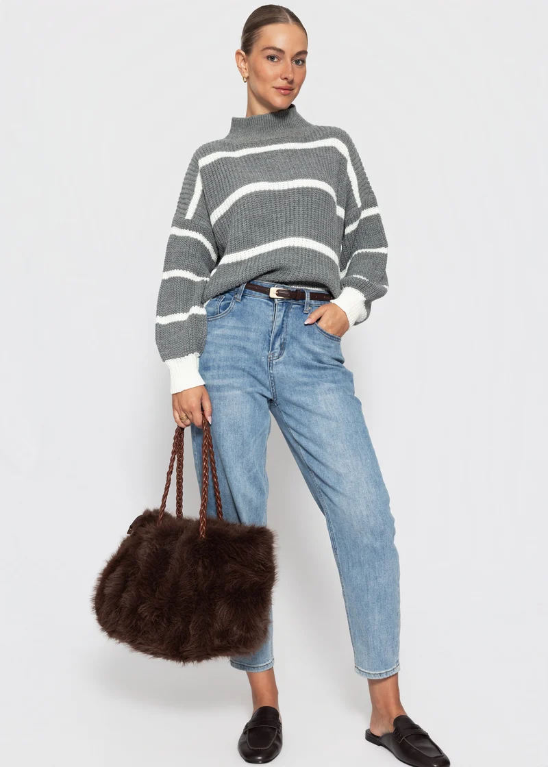Gestreifter Turtleneck-Pullover - grau-offwhite