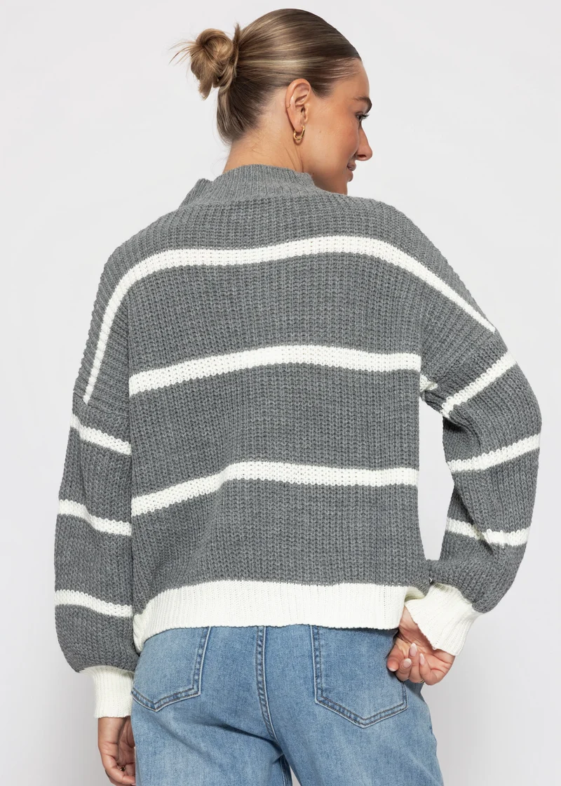 Gestreifter Turtleneck-Pullover - grau-offwhite