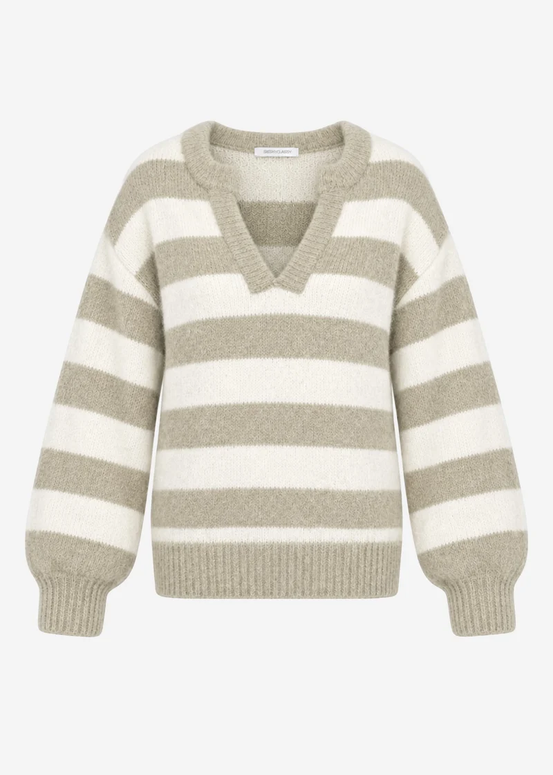 Gestreifter Pullover mit Blende - taupe-offwhite