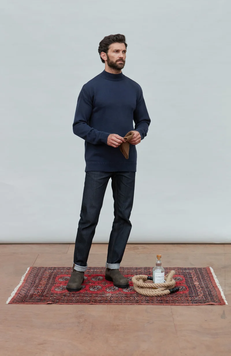 Mens Midweight Organic Cotton Linen Mock Neck Gansey Jumper