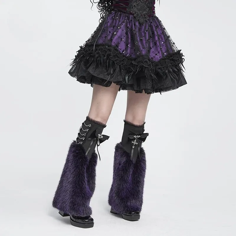 Gothic-Plüsch-Beinstulpen für Damen, schwarz-lila