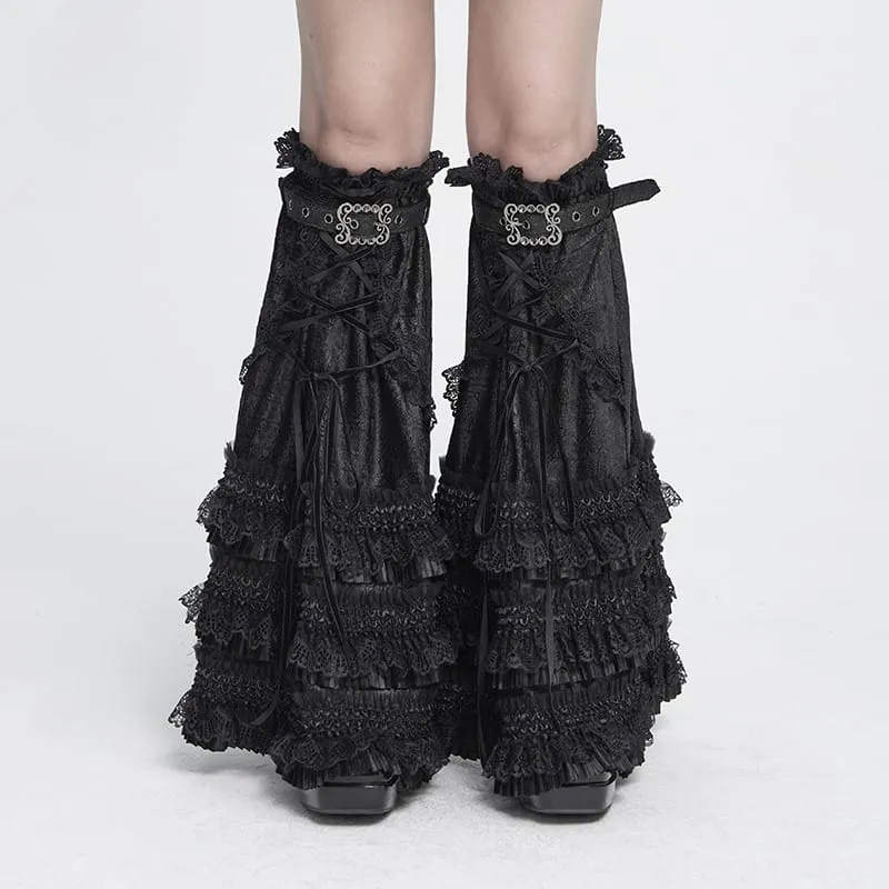 Gothic-Beinstulpen für Damen mit mehreren Lagen, Spitzenbesatz und Schnallen