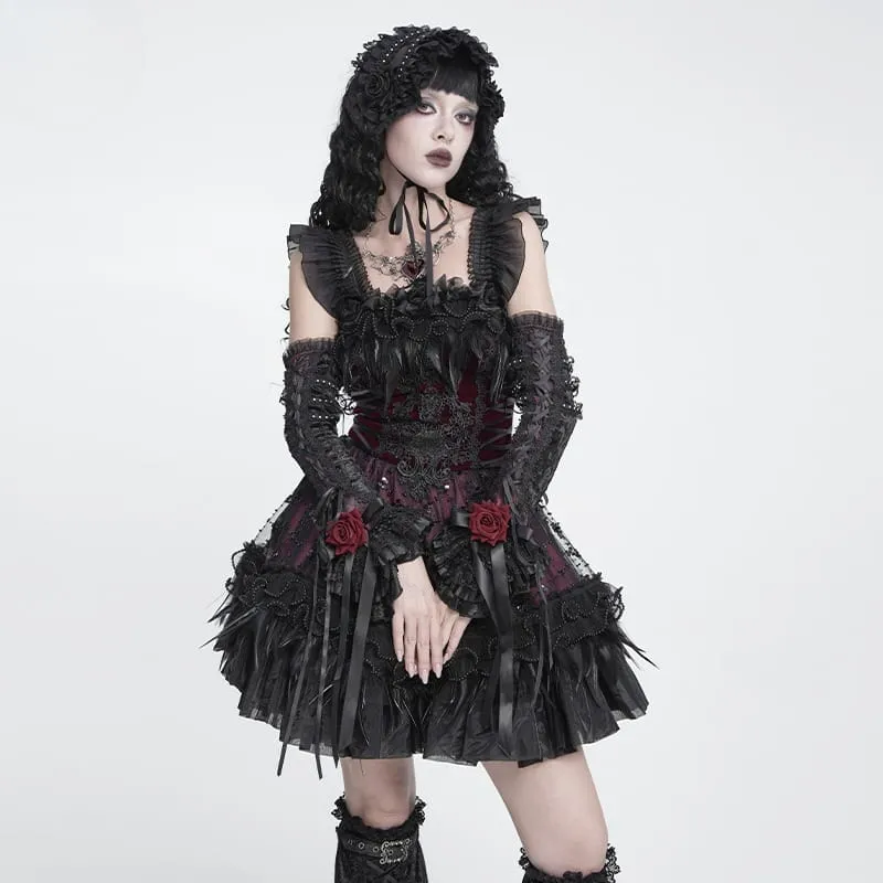 Gothic-Armstulpen für Damen mit Rosen-Schleife und Schnürung, Schwarz-Rot