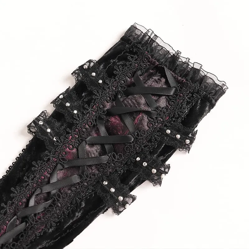 Gothic-Armstulpen für Damen mit Rosen-Schleife und Schnürung, Schwarz-Rot