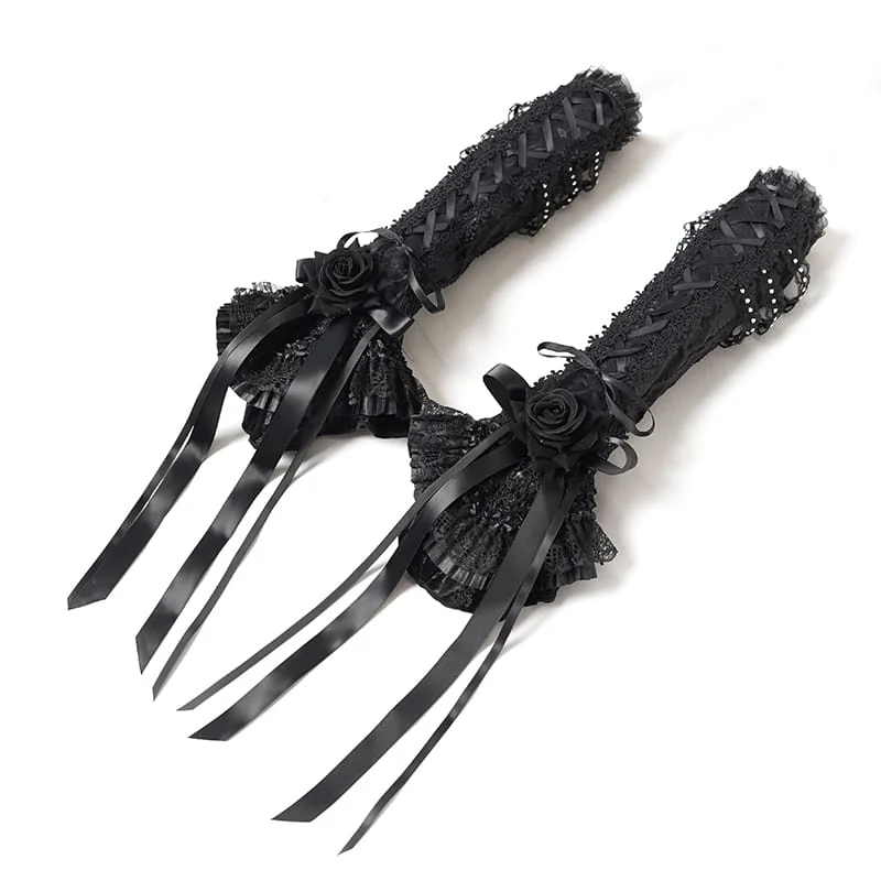 Schwarze Gothic-Armstulpen für Damen mit Rosen-Schleife und Schnürung