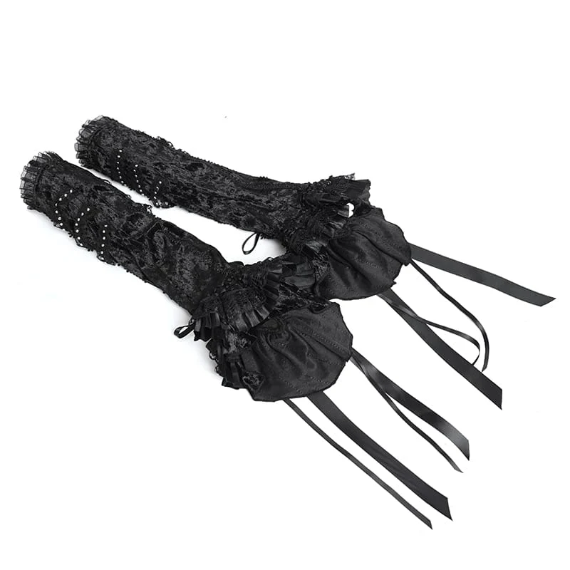 Schwarze Gothic-Armstulpen für Damen mit Rosen-Schleife und Schnürung