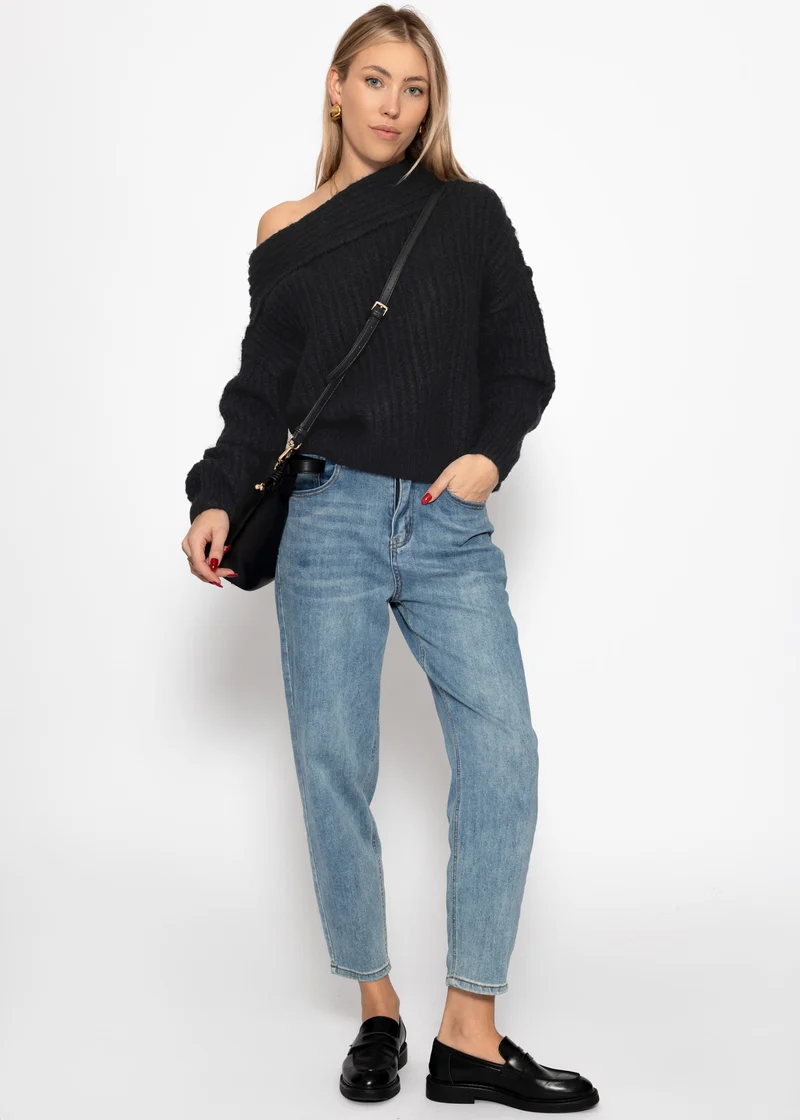 Schulterfreier Strickpullover - schwarz
