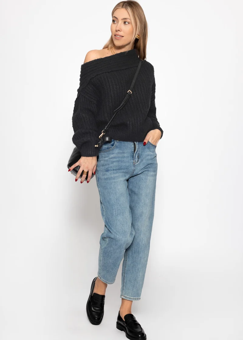 Schulterfreier Strickpullover - schwarz