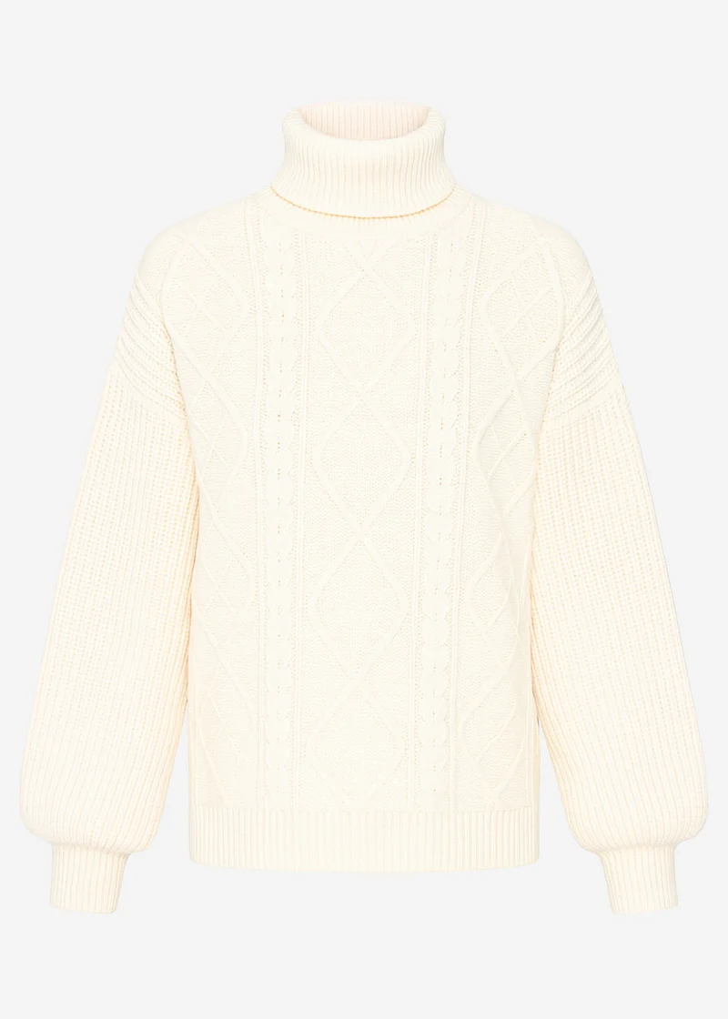 Rollkragenpullover mit Zopfmuster - vanillegelb