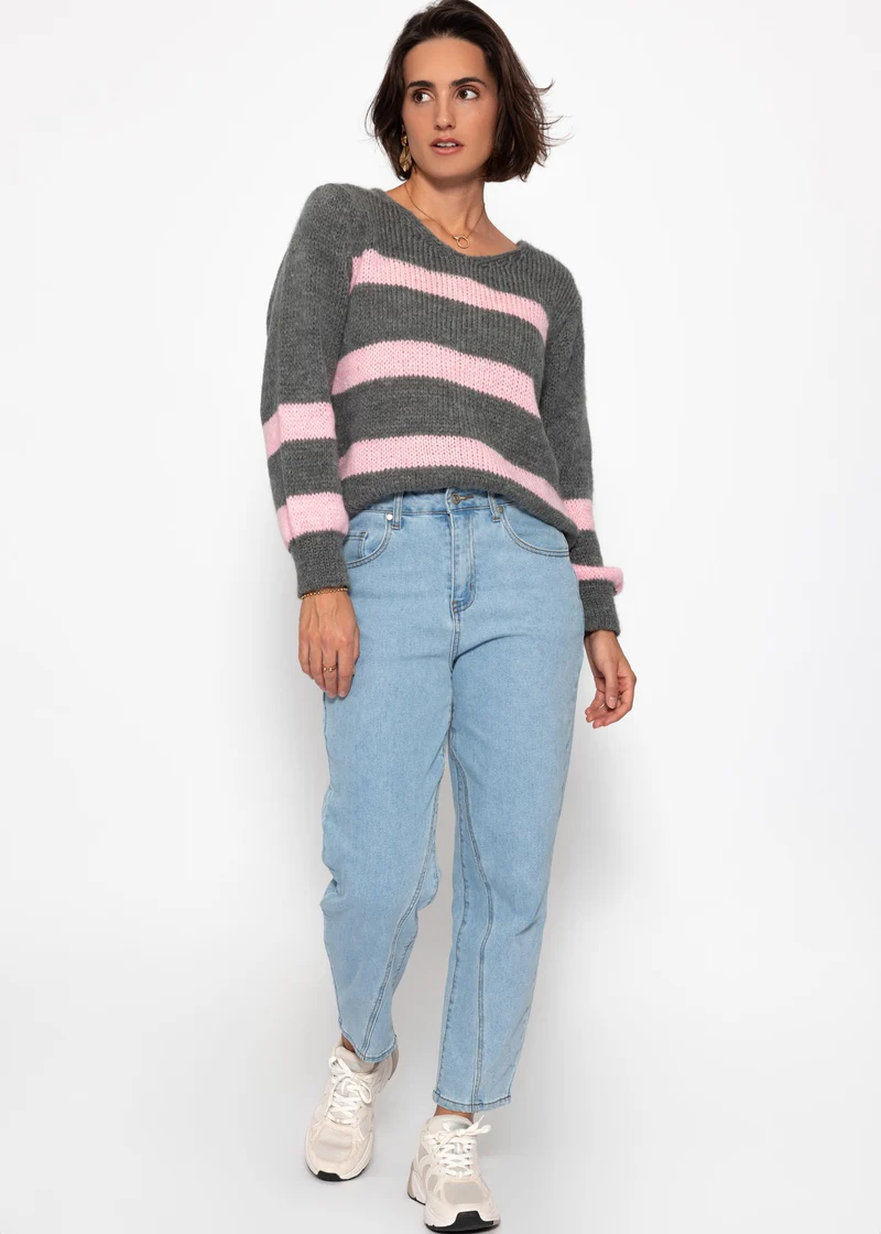 Pullover mit rosa Streifen - grau