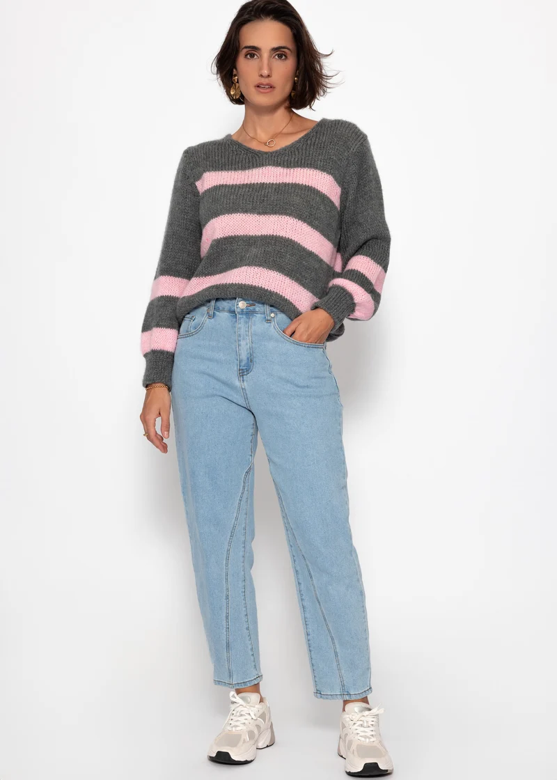 Pullover mit rosa Streifen - grau
