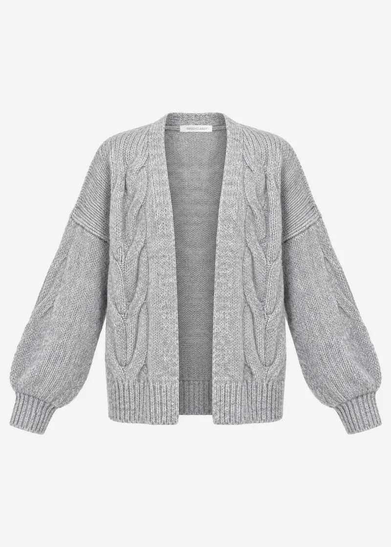 Grob gestrickter Cardigan mit Zopfmuster - hellgrau