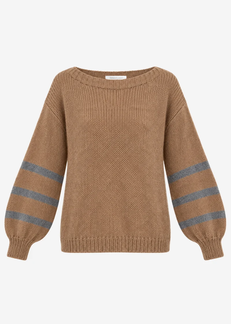 Kurzer Strickpullover mit gestreiften Ärmeln - camel