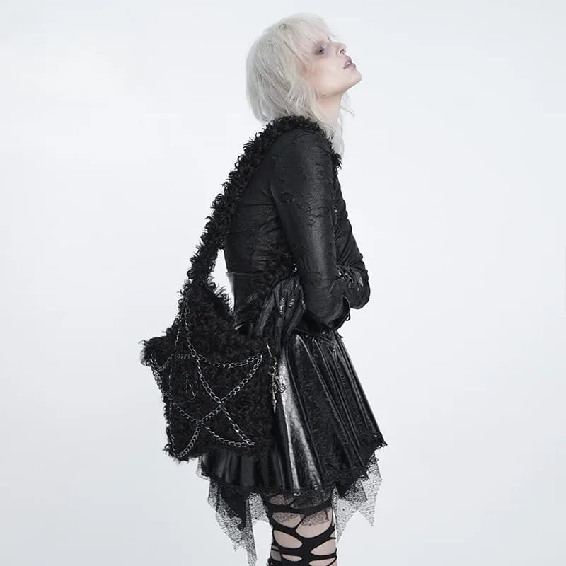 Gothic Plüsch-Umhängetasche mit Pentagramm und Kette für Damen