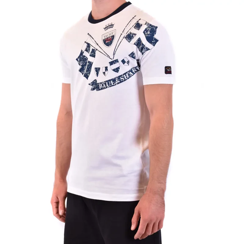 Paul and Shark Herren T-Shirt aus weißer Baumwolle, normale Passform