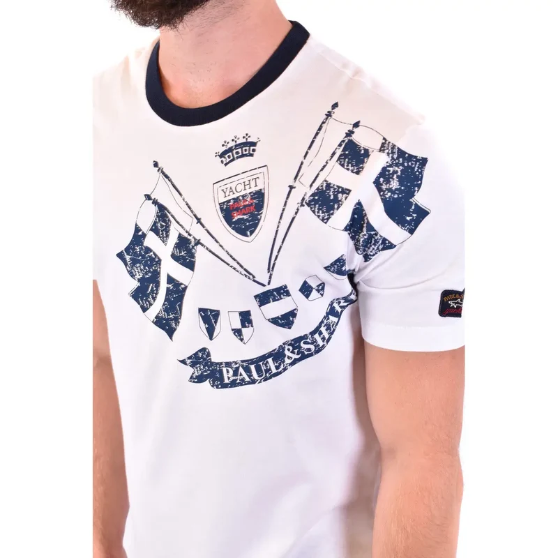 Paul and Shark Herren T-Shirt aus weißer Baumwolle, normale Passform