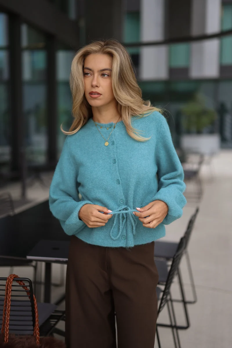 Strickjacke mit verstellbarem Kordelzug - petrol