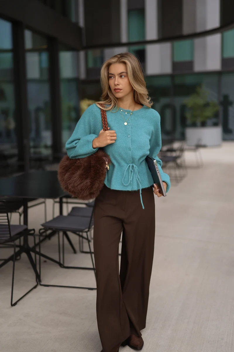 Strickjacke mit verstellbarem Kordelzug - petrol