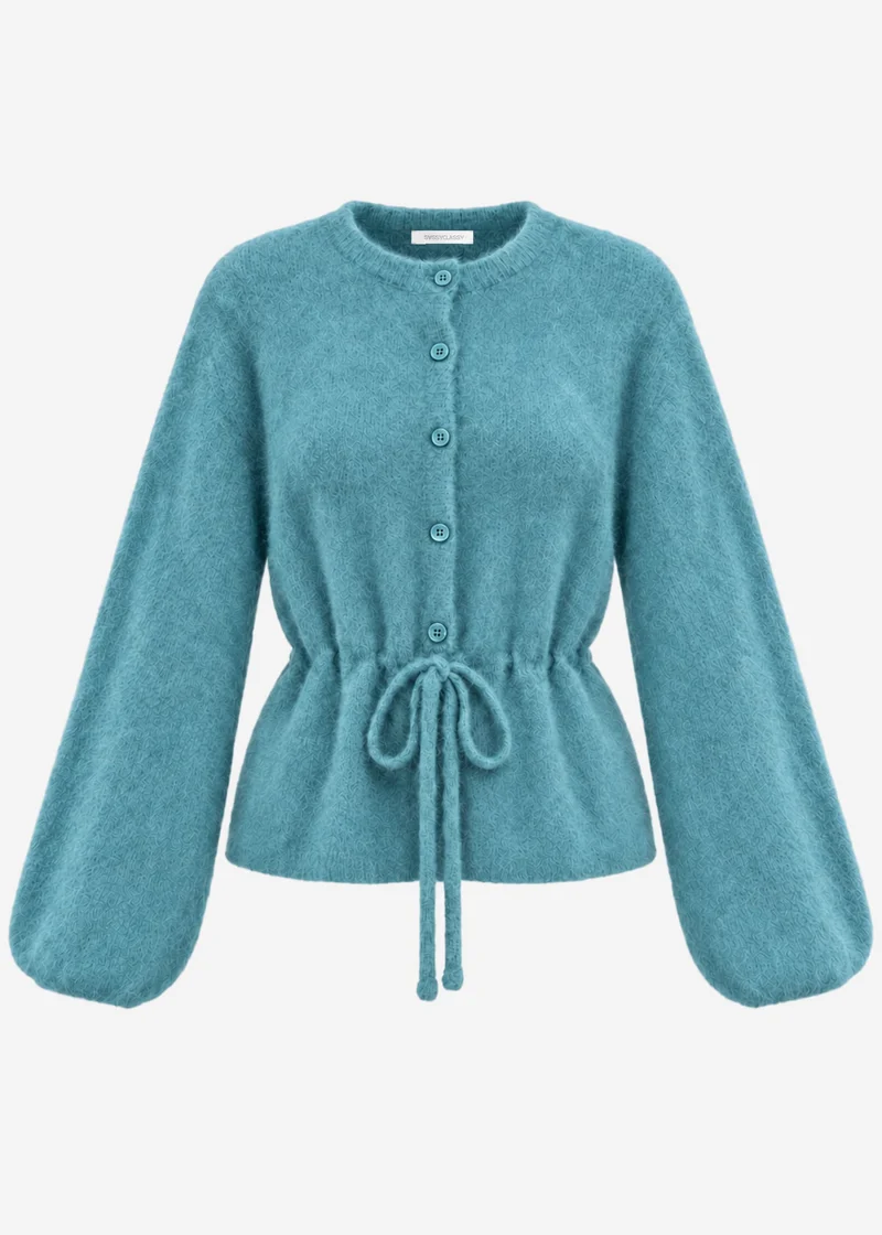 Strickjacke mit verstellbarem Kordelzug - petrol