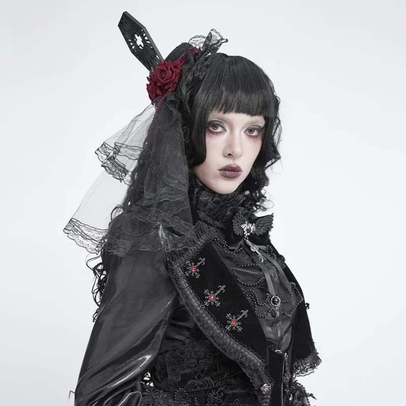 Gothic-Mini-Zylinder mit Rosen-Tüllschleier und Perlenbesatz für Damen