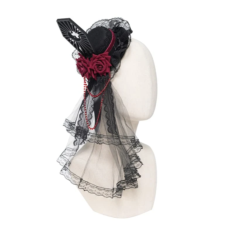 Gothic-Mini-Zylinder mit Rosen-Tüllschleier und Perlenbesatz für Damen