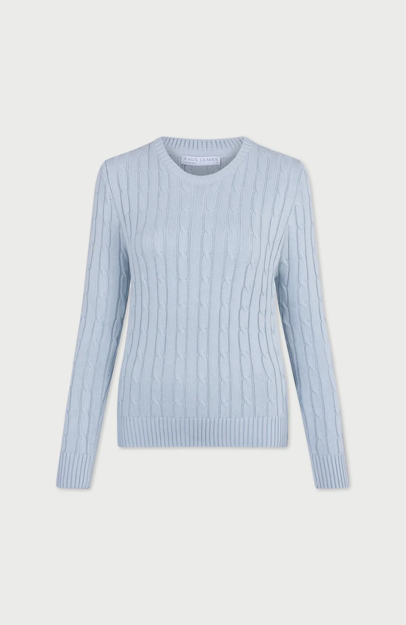 Damenpullover aus 100 % Baumwolle mit Rundhalsausschnitt und Zopfmuster