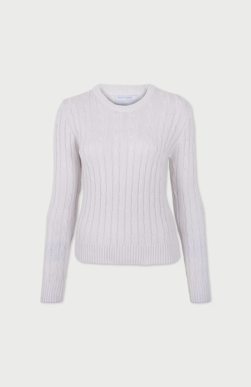 Damenpullover aus 100 % Baumwolle mit Rundhalsausschnitt und Zopfmuster