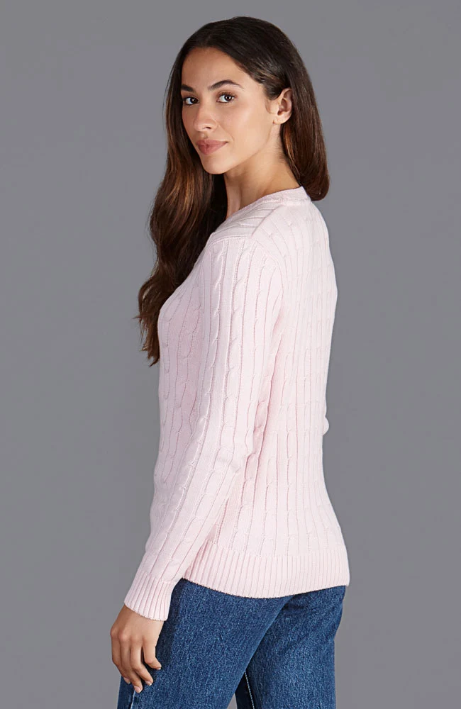 Damenpullover aus 100 % Baumwolle mit Rundhalsausschnitt und Zopfmuster