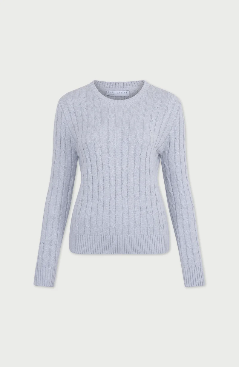 Damenpullover aus 100 % Baumwolle mit Rundhalsausschnitt und Zopfmuster