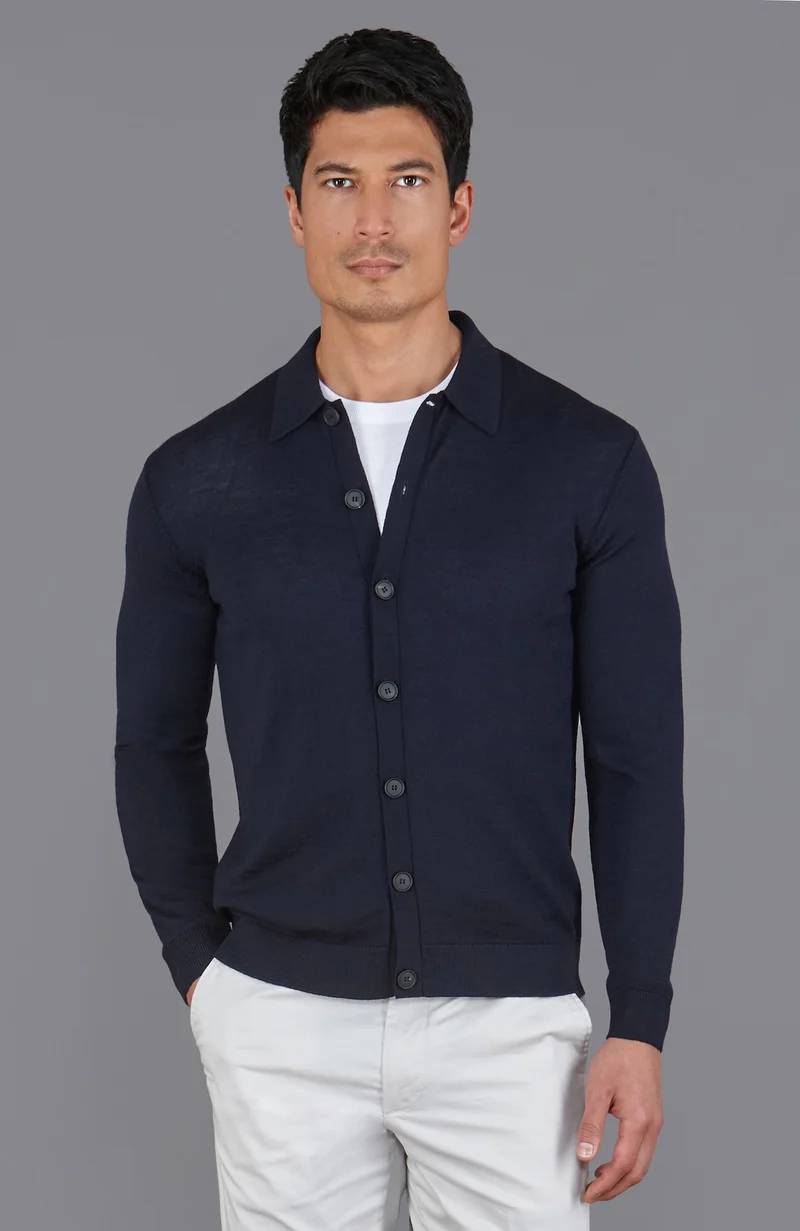 Mens Extra Fine Merino Wool Polo Cardigan