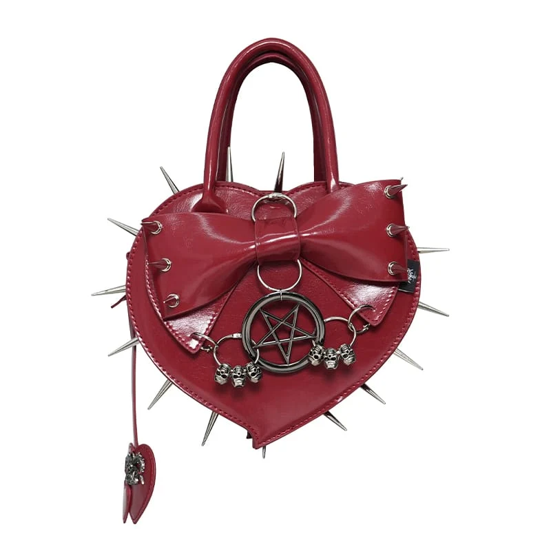 Rote gotische Damenhandtasche mit Pentagramm, Stacheln und herzförmigem Muster