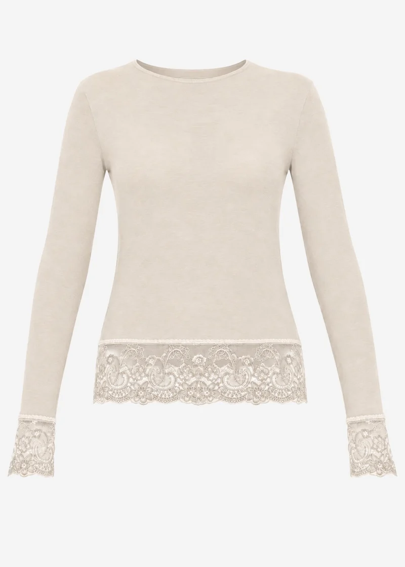 Langarmshirt mit Spitzenborte und Kaschmiranteil - beige