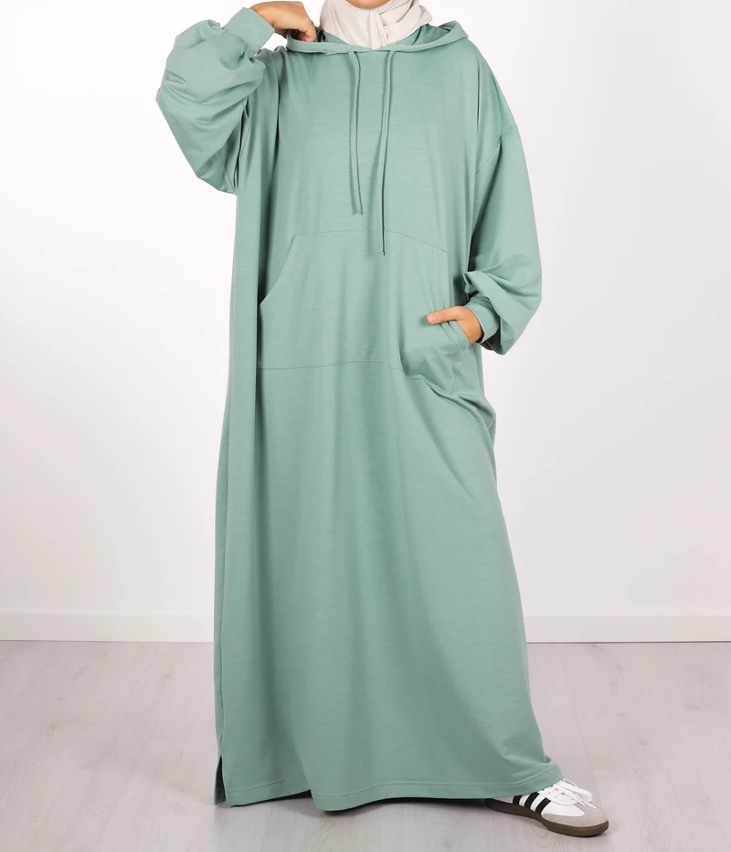 Langes, lässiges Abaya mit Kapuze - Menthol