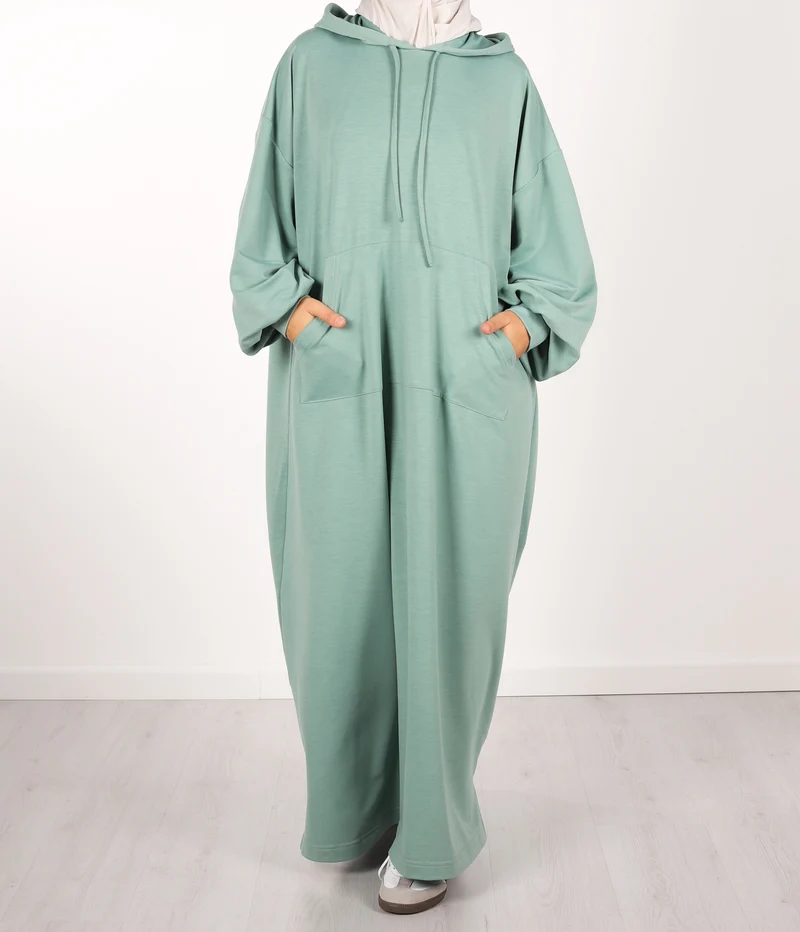 Langes, lässiges Abaya mit Kapuze - Menthol